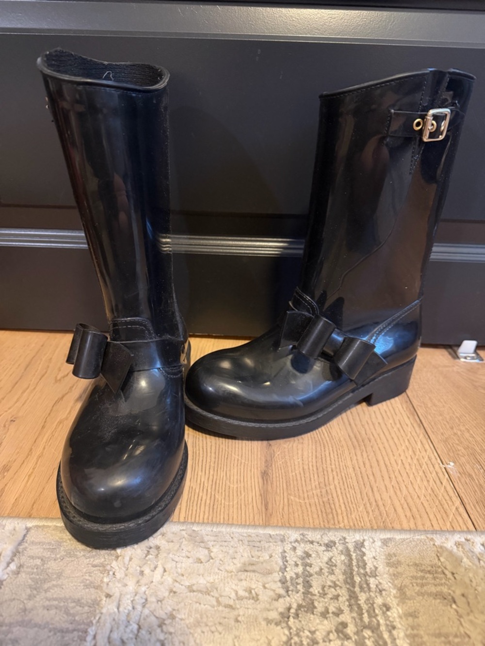 RED Valentino Black Glossy Rain Boots with Bow Detail